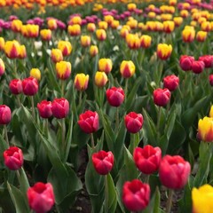 Fototapeta premium A full shot aerial photo of a tulip garden, soft focus highlighting the vivid colors and the intricate layout of the flower beds.