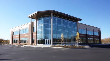 Obraz premium A striking architectural design with expansive glass windows, brick facade, and ample parking. Perfect for corporate branding, real estate, and architecture portfolios. 