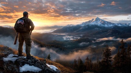 Fototapeta premium A man with a flag and backpack gazes across a misty valley and mountain range at sunset, embodying a sense of awe and wanderlust in the great outdoors.