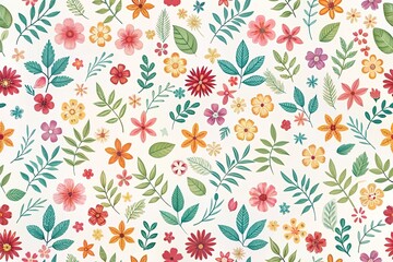 random flowers and leaves minimalistic simple seamless pattern texture with white backdrop Extreme Close-Up