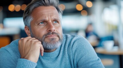 A casually dressed middle-aged man in a cozy café environment, gazing thoughtfully into the distance, capturing a sense of tranquility and introspection.
