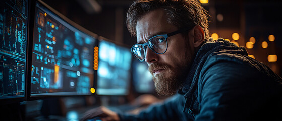 Focused Hacker Working on Computer with Blue Screens