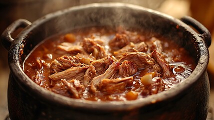 Fototapeta premium Close-up of Steaming Pot of Stew with Tender Meat.