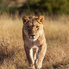 Fototapeta premium A full shot photo of a lioness walking confidently through tall golden grass, deep focus on the movement of its muscles and fur, low-angle shot that makes the lion appear larger and more imposing