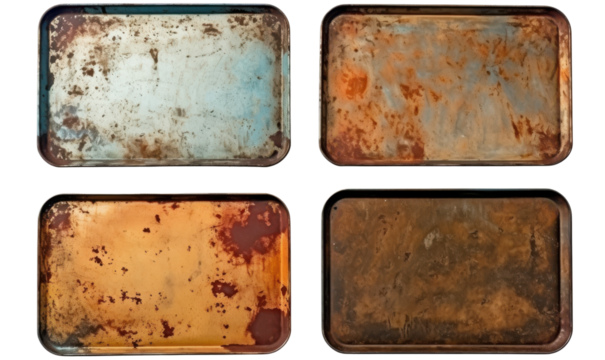 Four old, rusted metal pans with a worn, weathered appearance