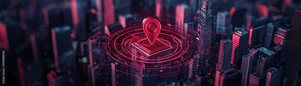 Poster aerial view of a digital city with a glowing location pin symbol, representing advanced navigation t