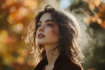 Obraz premium Beautiful Woman with Long Brown Hair Gazing Upward in a Forest Setting.