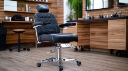 Naklejka premium A sophisticated black barber chair with quilted design, featured in a stylish and contemporary salon with rich wooden decor and lush greenery enhancing the ambiance.