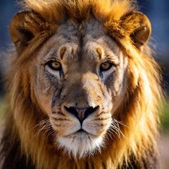 Naklejka premium A close-up photo of a lion looking directly at the camera, deep focus on the symmetry of its face and the contrast between its eyes and fur, eye-level shot conveying a sense of presence and authority