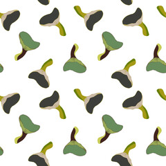 Seamless mushroom pattern. Wild fungi season background. Autumn repeated wallpaper. Perfect for wrapping, kitchenware design, stationery, packaging, web decor, scrapbooking projects.
