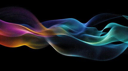 Abstract colorful flowing waves on a black background.