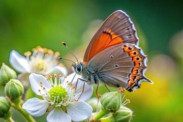 Obraz premium Rare Black Hairstreak Butterfly Satyrium Pruni Nectaring on Blackberry Flower Reflected