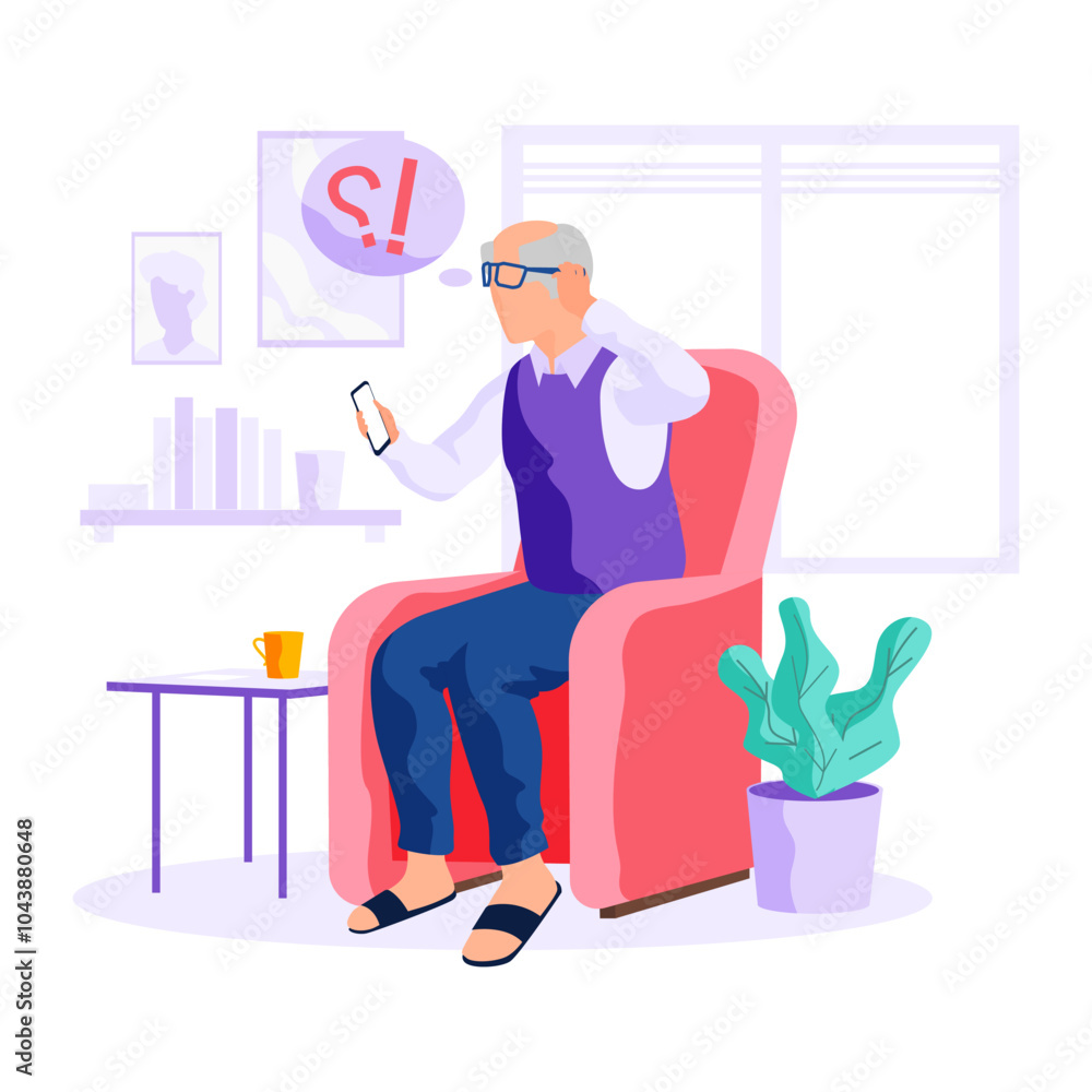 Poster old person tries to use smartphone. elder learns new modern technologies and communicates through ph