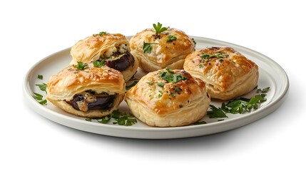 Flaky pastry bites with eggplant and herbs on a plate
