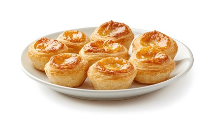 Fototapeta premium Freshly baked portuguese egg tarts on white plate in bright setting