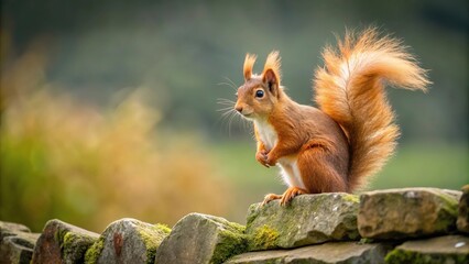 Fototapeta premium Rare red squirrel on stone wall in North Yorkshire England