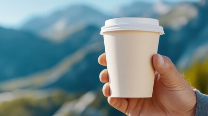 A hand holding a plain white coffee cup is set against a breathtaking daytime mountain scene, illustrating the contrast between human life and vast nature.