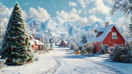 Fototapeta premium A snowy scene with houses and a Christmas tree