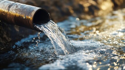 Clear water flows from a metal pipe into a stream.