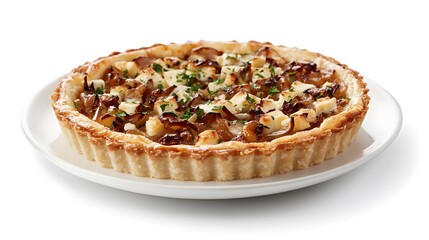 Savory caramelized onion and cheese tart on white plate - delicious homemade quiche