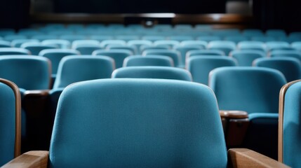 Fototapeta premium Empty blue cinema seats arranged in neat rows, suggesting an awaiting audience experience in a serene and ambient theater setting with no occupants present.