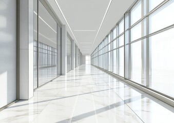 Obraz premium Modern office corridor with white marble floor and large windows.