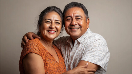 portrait of latino couple hugging, senior people. happy people, neutral background