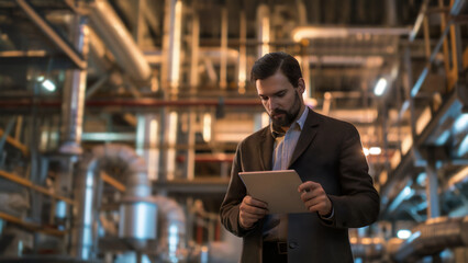 Businessman in industrial facility with complex machinery background. Engineer analyzing data and monitoring production processes. Concept of modern manufacturing management, industrial automation