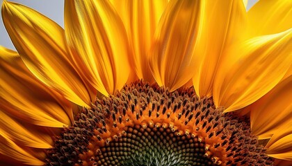Close-up of Vibrant Yellow Sunflower Petals and Seed Head. Detailed Macro Shot Highlighting Texture and Patterns, Perfect for Nature Themed Design, Backgrounds, or Floral Inspired Concepts