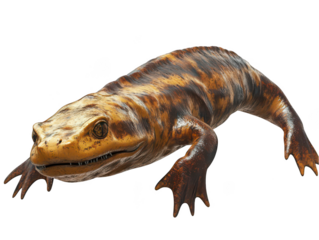 Realistic rendering of a prehistoric amphibian showing detailed textures and vivid colors against a transparent background.