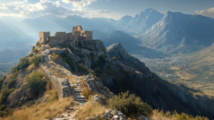 Obraz premium A stone pathway leads to a crumbling castle atop a mountain, with the sunlight reflecting off the clouds and illuminating the surrounding landscape.