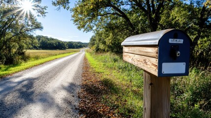 A rustic wooden mailbox stands by a tree-lined country road on an autumn day, evoking feelings of nostalgia, serenity, and connection to nature's cycle.