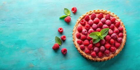 Raspberry tart with pink frosting and mint leaves, flat lay composition