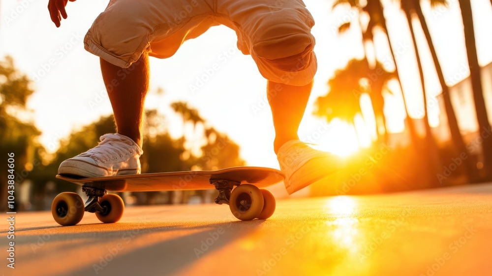 Aufkleber a close-up view of a skateboarder showing motion and energy, riding into the setting sun, creating a