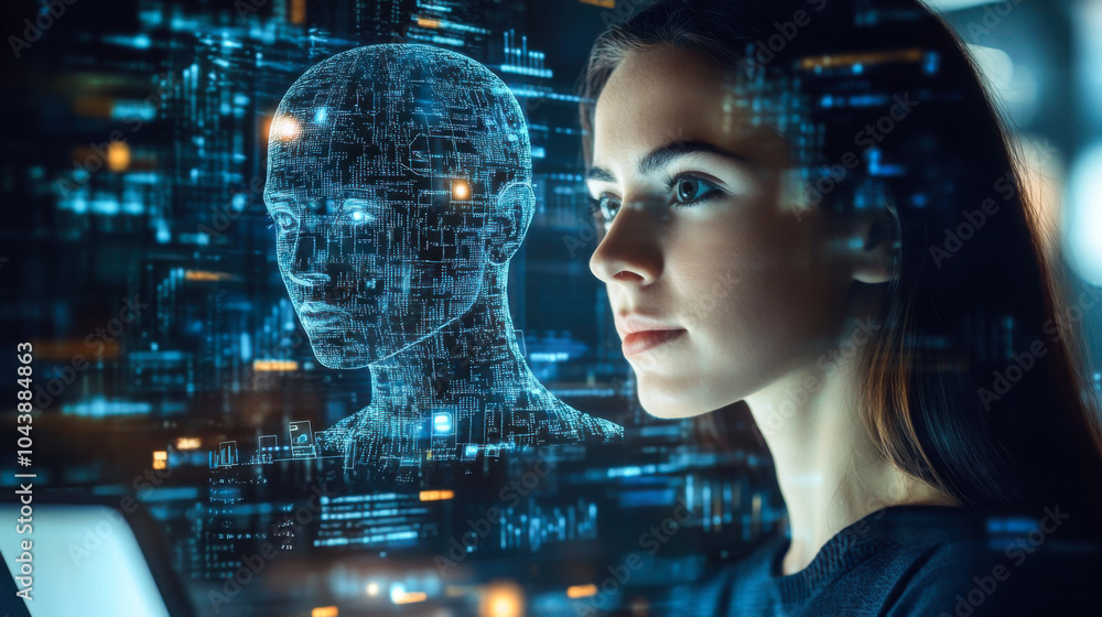 Poster woman engaged in futuristic technology interaction while exploring digital concepts in a modern work