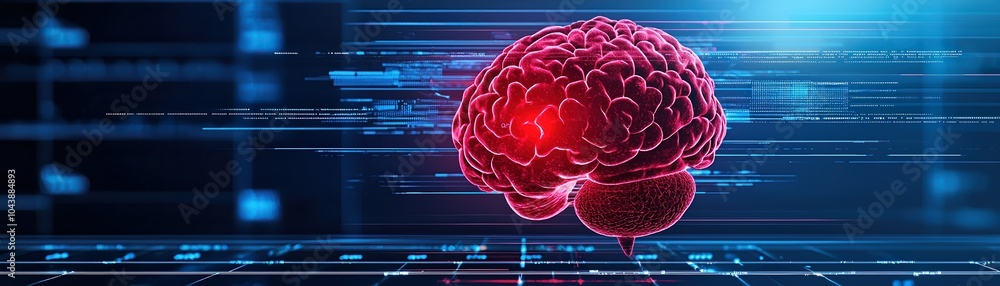 Poster digital brain design with glowing lines, representing artificial intelligence and technology advance