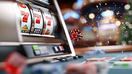 A slot machine shows a winning combination of sevens, complemented with a dice roll, chips, and an exquisite bokeh background capturing casino atmosphere perfectly.