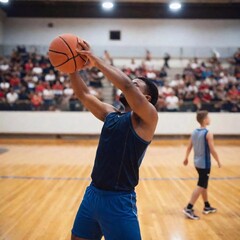 Naklejka premium An eye-level full shot of a basketball player executing a defensive move, with deep focus capturing the player, the opponent attempting to score, and the entire court and spectators in the background