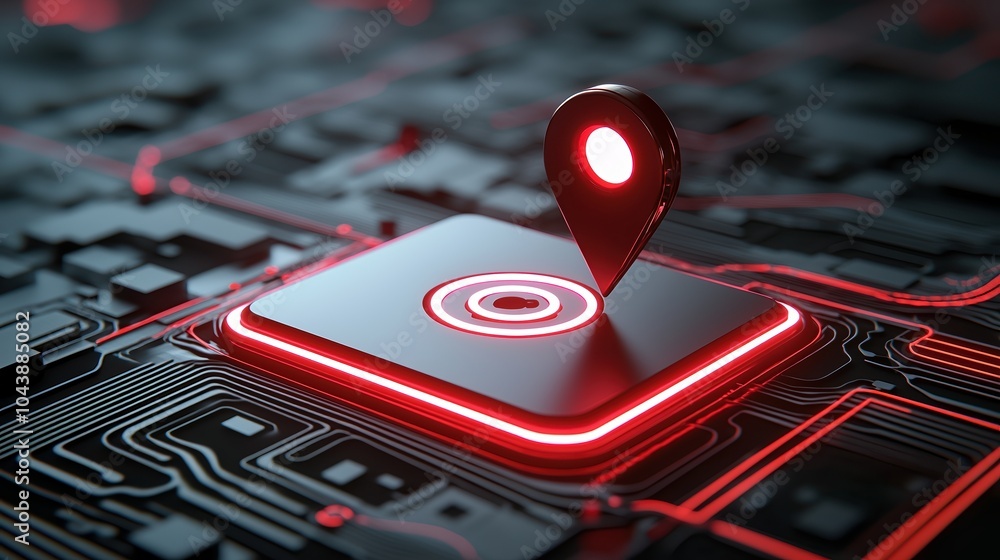 Aufkleber digital map pin on circuit board background, futuristic design with neon elements.