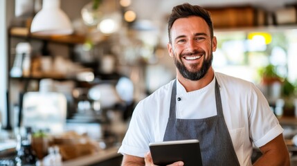 Fototapeta premium A bearded male chef in a white uniform and apron smiles warmly, holding a tablet amidst the lively, fast-paced atmosphere of a busy restaurant setting.