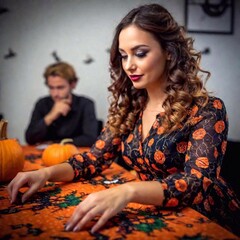 young woman with pumpkins in the autumn garden. halloween.