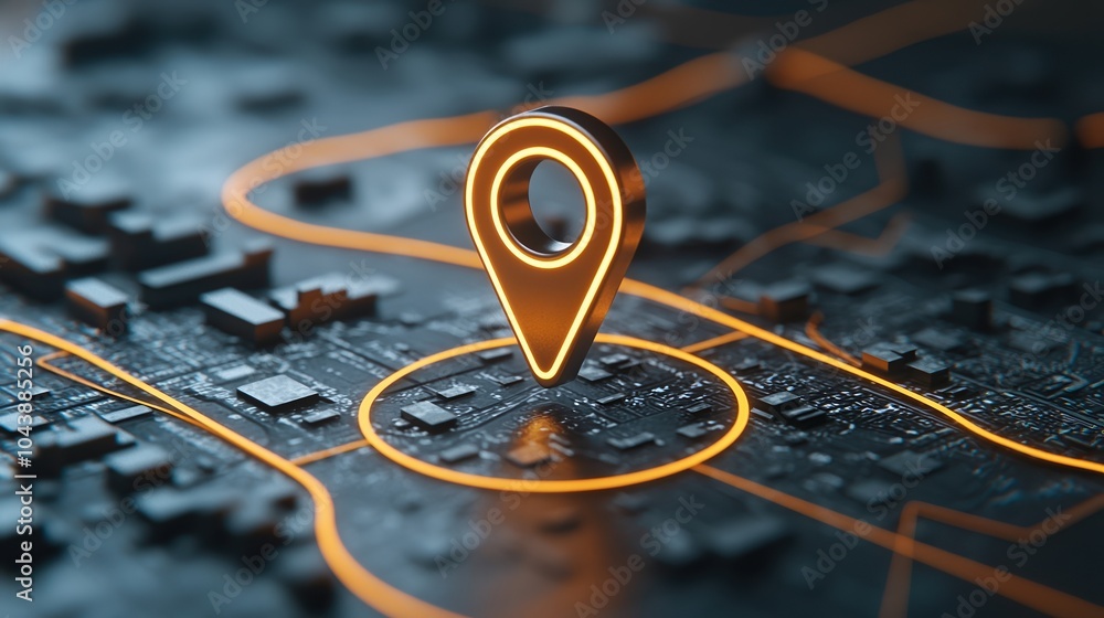 Poster digital map with location pin on the city landscape, representing navigation and geolocation.