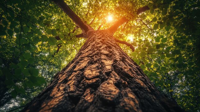 Bottom view of tree with green leaves in tropical forest with sun light. Fresh environment in park. Green tree give oxygen in summer garden. Environmental conservation. Ecology concept. Save the eart