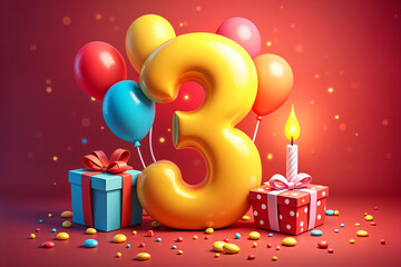 3rd birthday card. Vibrant and colorful celebration scene with the number three prominently displayed, surrounded by balloons, gifts, and a birthday cake.