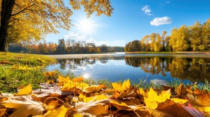 Obraz premium Serene Autumn Lake with Reflections of Colorful Leaves