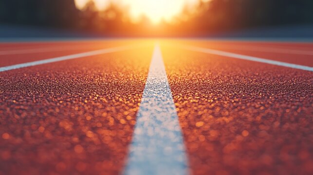 Close-up of a running track with the sun setting in the background, highlighting the athletic field's vibrant texture and dynamic perspective.