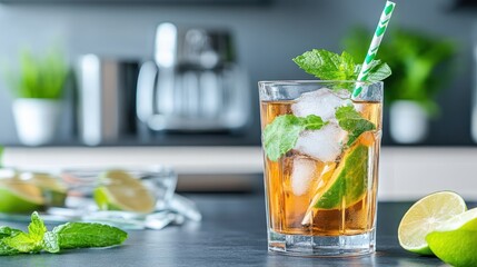 A close-up image of a refreshing iced tea glass peppered with mint leaves and lime, complete with ice cubes, on a counter, sunlight shimmering on its surface.