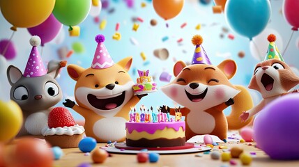 Fototapeta premium Cartoon Animals Joyfully Celebrating a Birthday Party