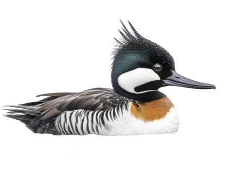 Male hooded merganser duck floating with elegant plumage and crest.