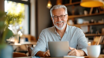 Fototapeta premium A smiling older man in glasses sits at a wooden table using a laptop, surrounded by a warm, cozy café environment reflecting contentment and engagement.